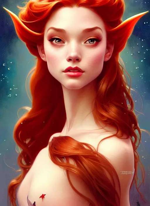 Image similar to portrait of disney ariel, intricate, elegant, highly detailed, my rendition, digital painting, artstation, concept art, smooth, sharp focus, illustration, art by artgerm and greg rutkowski and alphonse mucha and uang guangjian and gil elvgren and sachin teng, symmetry!!