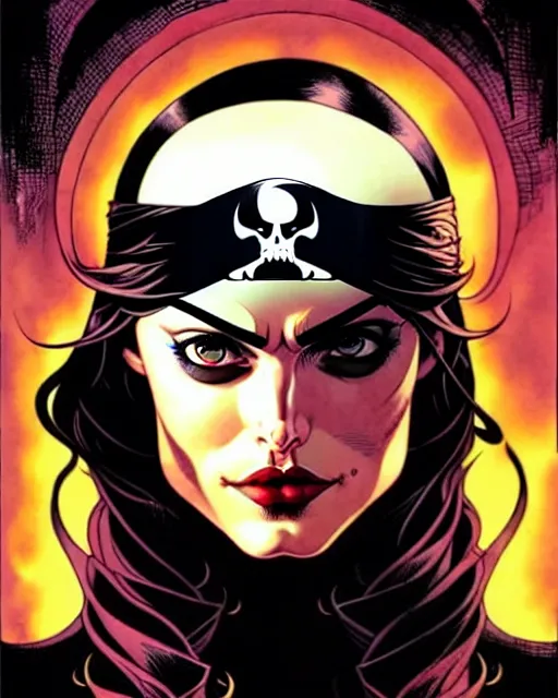 Prompt: rafael albuquerque comic cover art, artgerm, joshua middleton, pretty pirate phoebe tonkin smiling, symmetrical eyes, symmetrical face, long curly black hair, full body, on a pirate ship, warm colors