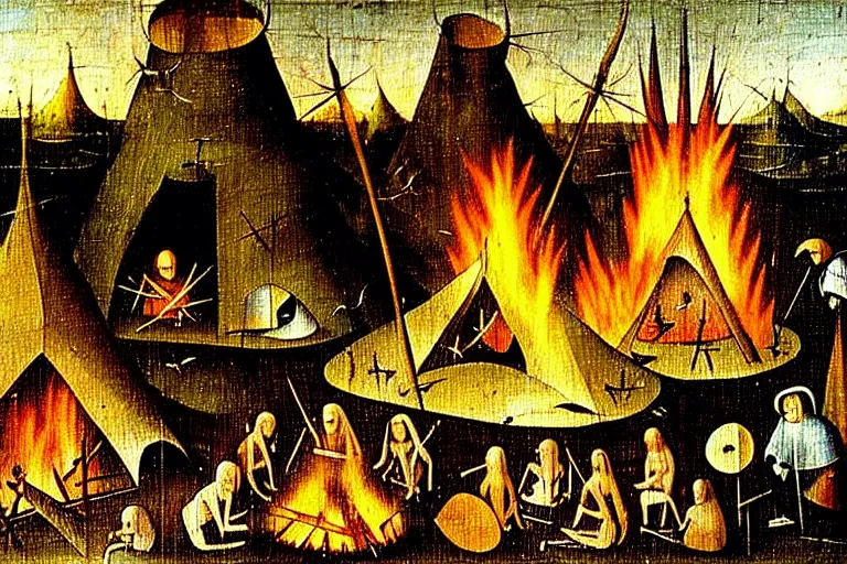 Image similar to hieronymus bosch painting of a campsite with bonfire