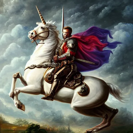 Prompt: Ryan Reynolds in knights armor riding a unicorn with wings in the style of a oil painting, very detailed, high definition, detailed painting, very detailed face, full body, detailed body, detailed face, high definition, realistic painting, high definition painting