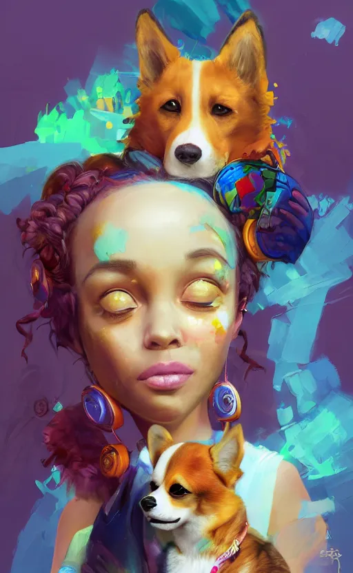 Prompt: beautiful face portrait painting of sunny hiphop solarpunk princess with corgi summertime chill, by christian dimitrov, cory loftis, cagnaccio di san pietro, costa dvorezky, craig mullins, craig davison. trending on artstation, 8 k, masterpiece, graffiti paint, fine detail, full of color, intricate detail, golden ratio illustration