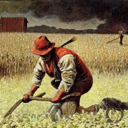 Image similar to - realistic painting of, cain tilling the field, in the style of miguelangel