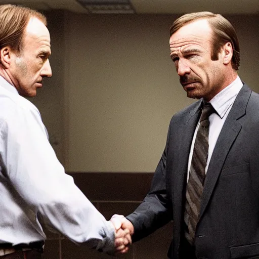 Prompt: saul goodman giving a handshake to walter white