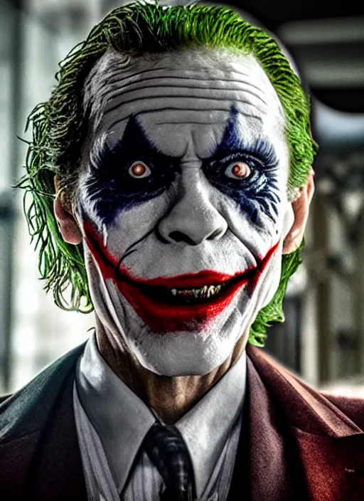 Image similar to movie still portrait of willem dafoe as the joker