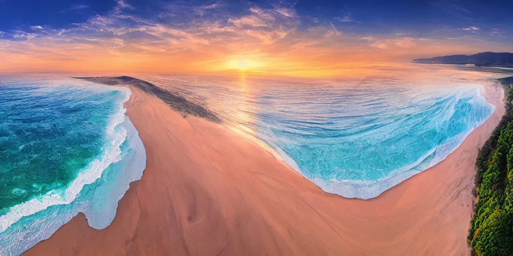 Prompt: a beach between two valley, sun set, digital art, highly detailed, drone wide shot