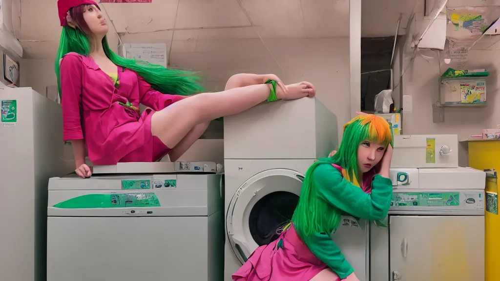 Prompt: a girl with green hair sitting on top of a washing machine in a laundromat in the style of Tsuguharu Fujita, pink yellow red and green