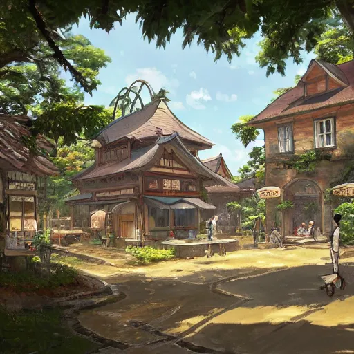 Image similar to concept art painting of a historic bakery with european and japanese architecture, in a woodland village surrounded by trees, realistic, detailed, cel shaded, in the style of makoto shinkai and greg rutkowski and james gurney