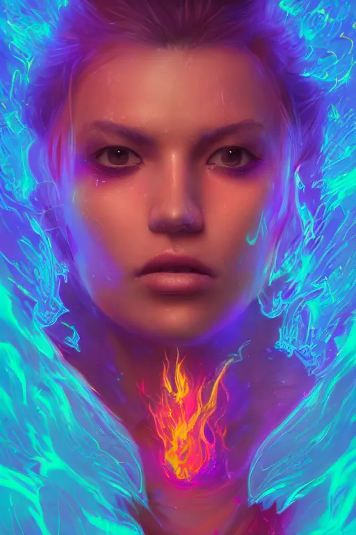 Prompt: A fancy portrait of an attractive women wearing colourful flames by Greg Rutkowski, beeple, Sung Choi, Mitchell Mohrhauser, Maciej Kuciara, Johnson Ting, Maxim Verehin, Peter Konig, final fantasy, macro lens , 8k photorealistic, cinematic lighting, HD, high details, dramatic, dark atmosphere, trending on artstation