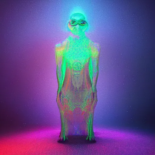 Image similar to this creature is a beautiful hologram that shimmers and glows in a myriad of colors. it is ethereal and otherworldly, and seems to defy the laws of physics 3 d octane render, artstation, andrew krivulya