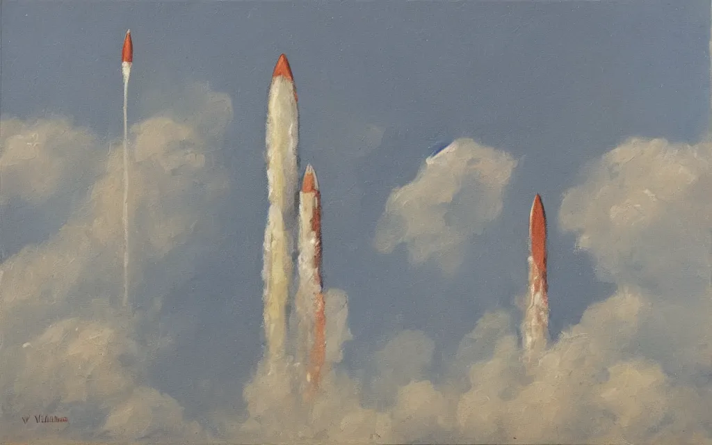 Prompt: a painting of a rocket, by vilhelms purvitis, oil on canvas