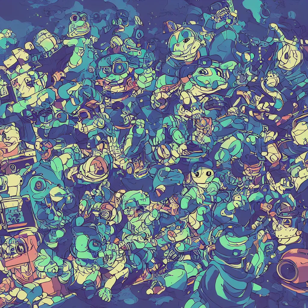 Image similar to toads, deconstructed amphibian, ryuta ueda artwork, breakcore, style of jet set radio, y 2 k, gloom, space, cel - shaded art style, indigo rainbow, data, minimal, code, cybernetic, dark, eerie, cyber