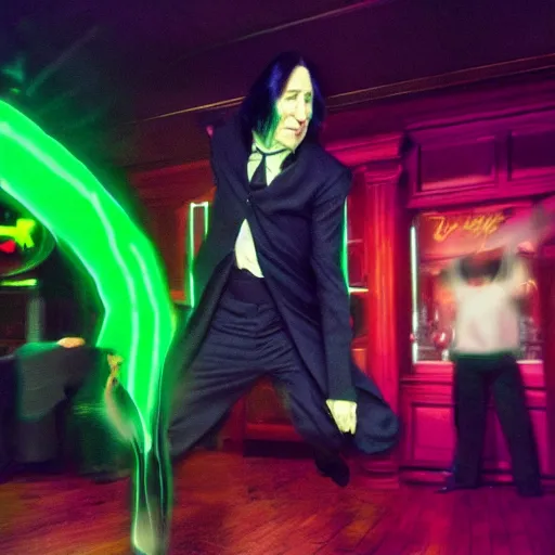 Prompt: Severus Snape dance in a bar, fish lens, neon, realistic, full body, very detailed, super realistic