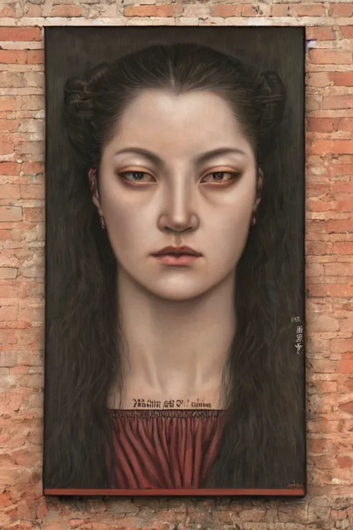 Prompt: beautiful oil painting of a wanted poster for a female fugitive by chie yoshii, full body portrait, brick wall, symmetrical face, dramatic lighting