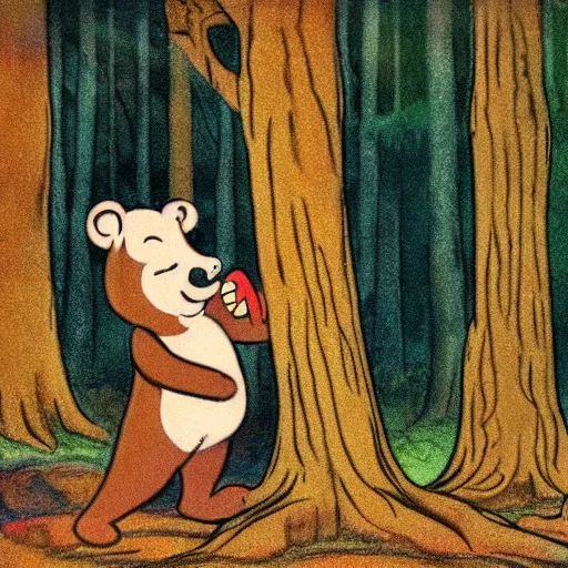 Image similar to magical forest, bear, trees, honey, 1 9 2 0 s cartoon, rubber hose, fleischer studios, portrait, merry melodies, sharp focus