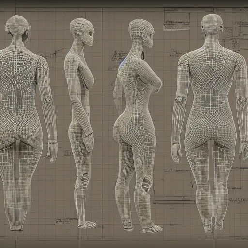 Prompt: concept of a detailed and intricate design of the back of full female anatomy, 3d design, great finesse organic hyper detailed, engineering blueprints, technical drawings, calculus, stained paper, hyperrealistic, ultra detailed, 4K, octane render, unreal engine