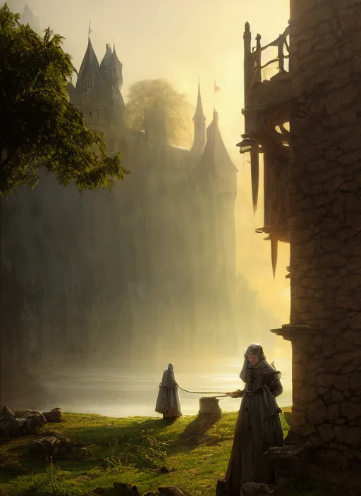 Image similar to small poor medieval castle, mist, sunrays, dust in the air, dnd character, unreal engine, octane render, dramatic lighting, pond, digital art, by stanley artgerm lau, greg rutkowski, thomas kindkade, alphonse mucha, loish, norman rockwell,