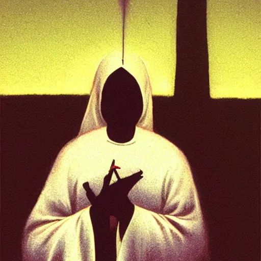 Image similar to a black nun smoking a joint and puffing lots of smoke, by Beksinski, lens flares, minimalistic background