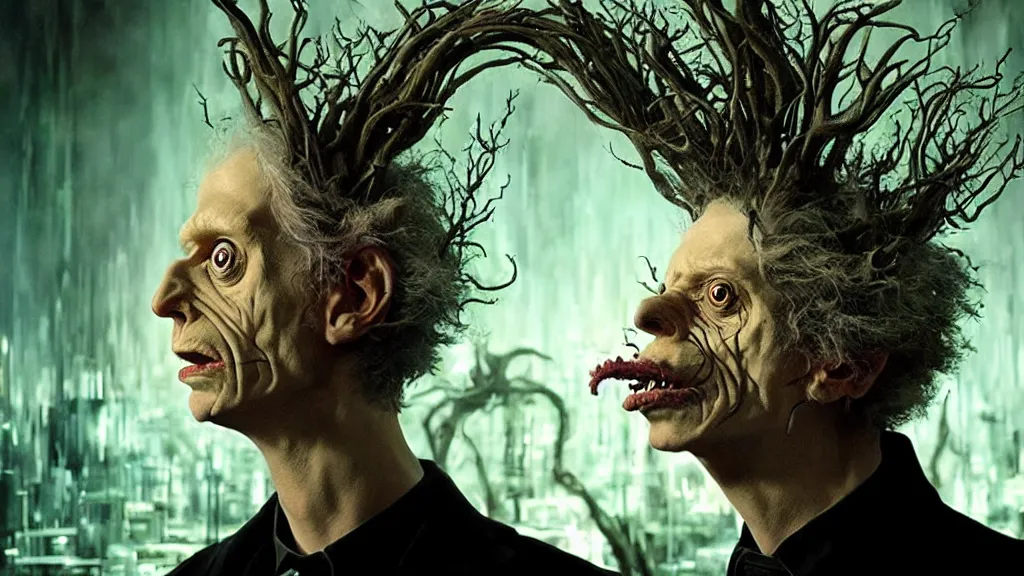 Image similar to a mad scientist creates a creature, film still from the movie directed by denis villeneuve and david cronenberg with art direction by salvador dali and karol bak, wide lens