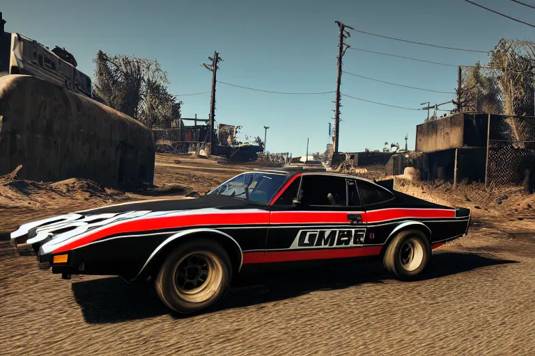 Prompt: 3 5 mm low angle photo mad max combat military black ford falcon xb gt coupe 1 9 7 3 v 8 interceptor racing on a post apocalyptic road, gta 5, mario cart, rocket league, hyper detailed, rocket league, smooth, high contrast, volumetric lighting, octane, george miller, vibrant rich deep color, comic book