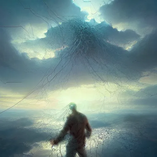 Image similar to a painting of a man falling through a tangle of neurons in a pastel sky, a detailed matte painting by marc simonetti, deviantart, trending on artstation