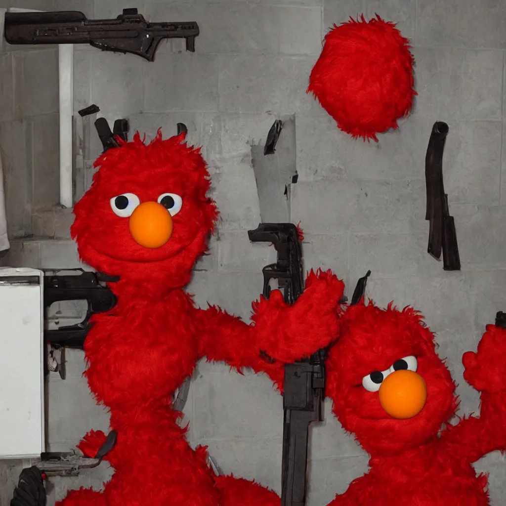 Image similar to Elmo is standing in the middle of a disgusting bathroom while holding a kalashnikov ak47