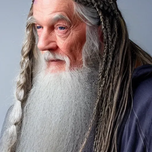 Prompt: gandalf with cornrow hair beads braids in beard
