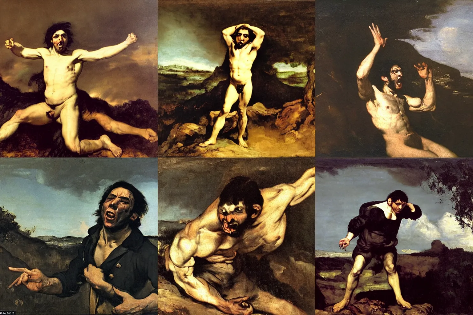 Prompt: a young, front - facing black - haired man made mad by fear, in a classical landscape, by courbet and theodore gericault, one hand on his head, another reaching forwards, concept art, matte painting