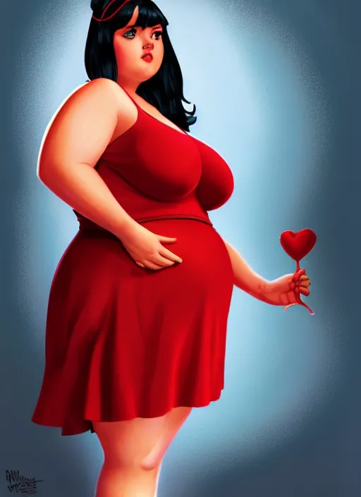 Image similar to full body portrait of teenage veronica lodge, obese, bangs, sultry, realistic, sultry smirk, wavy hair, red skirt, fat, belly, intricate, elegant, glowing lights, highly detailed, digital painting, artstation, concept art, smooth, sharp focus, illustration, art by wlop, mars ravelo and greg rutkowski