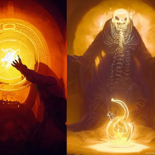 Image similar to priest glove glowing in white yellow light shooting magic yellow ray at skeleton spell scroll art by artgerm and greg rutkowski and Craig Mullins, James Jean, Andrey Ryabovichev, Mark Simonetti and Peter Morbacher 16k