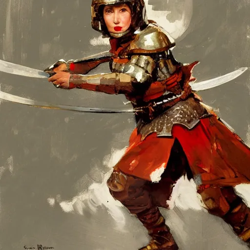 Prompt: portrait of woman wearing helmet and gambeson and chainmail fighting attacking with sword, aggressive stance, detailed by greg manchess, craig mullins, bernie fuchs, walter everett