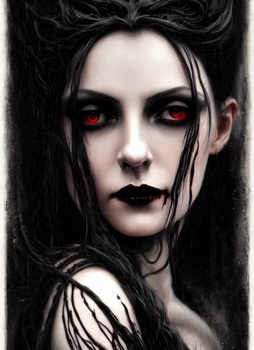 Image similar to highly detailed oil painting | very intricate | cinematic lighting | black, white and blood color scheme, dark background | portrait of a exquisite beautiful vampire woman with long elegant tangles of black hair, eyes, gothic fog ambience, hyper realistic head, fantasy victorian art, in the style of greg rutkowski, zdizslaw beksinski, intricate, alphonse mucha