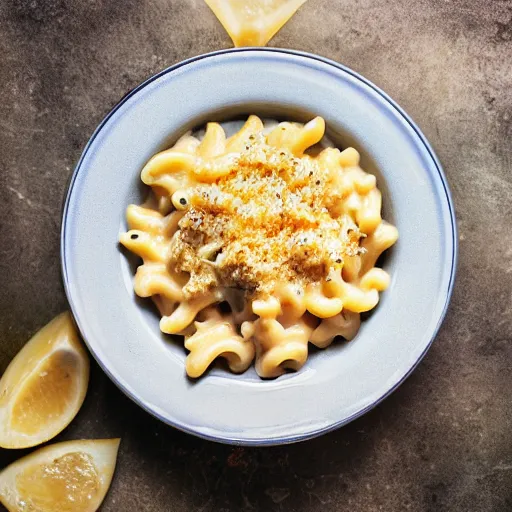 Image similar to tuna mac and cheese food photography black background soft focus in the style of Alan De Herrera