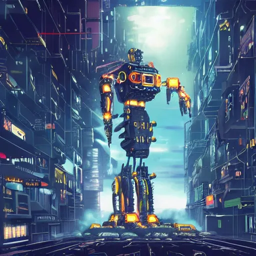 Image similar to a giant robot corpse that was repurposed into a booming city, set in the distant future, steampunk, cyberpunk, warm lights, anime, vhs distortion