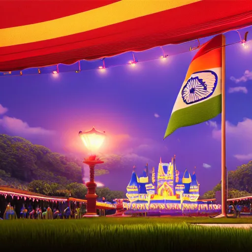 Prompt: indian flag waving, center frame, symmetric, rim light, fabric, electric, soft, concept art, intricate details, cinematic, highly detailed, colorful, photorealistic, disney pixar, octane render, iridescent, anime
