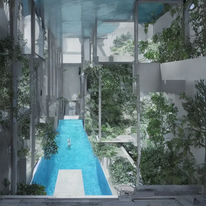 Image similar to a room with a pool in the middle of it, a digital rendering by ricardo bofill, featured on cg society, hypermodernism, vray tracing, rendered in unreal engine, liminal space