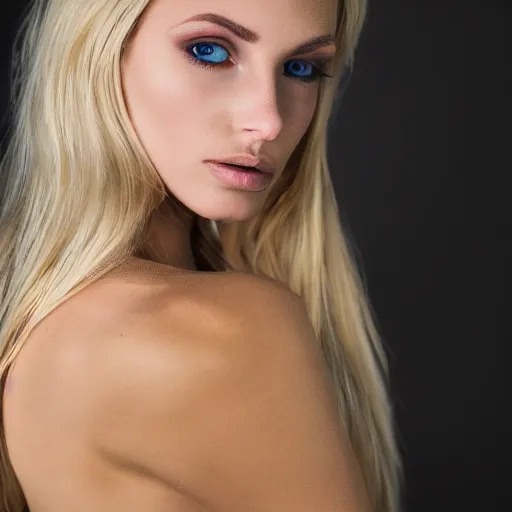 Image similar to a blonde women, young, slim, fashion model body, wearing a gold shirt, in a photography studio, CANON Eos C300, ƒ1.8, 35mm, 8K, medium-format print