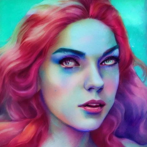 Prompt: a vibrant mixed pastels and watercolor painting of marina diamandis beautiful, lomo effect, by vanessa lemen by charlie bowater by ross tran, trending on artstation