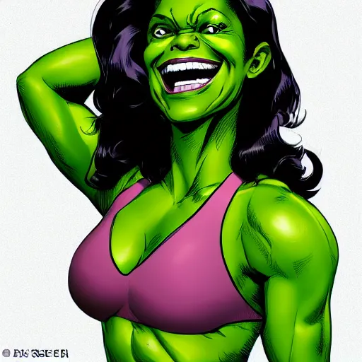 Image similar to Actress Zoe Saldana as She-Hulk, smiling, poster framed, comic pinup style, sports illustrated, detailed legs, artstation, illustration, posterized, Roge Antonio, Jen Bartel