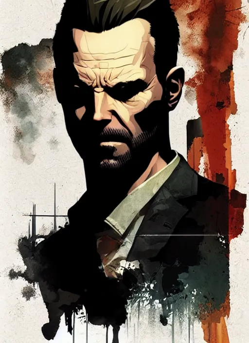 Image similar to poster artwork by Michael Whelan and Tomer Hanuka, a portrait of Max Payne in Deus Ex Human Revolution, clean