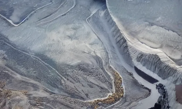 Prompt: bird eye view of lava river at mount fagradalsfjal iceland