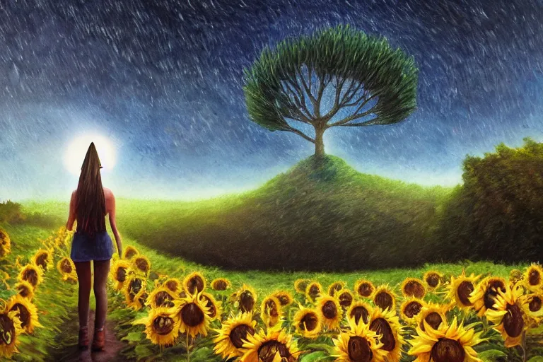 Image similar to giant sunflower as a head, girl walking between trees, hills, surreal photography, dark night, star trails, dramatic light, impressionist painting, clouds, digital painting, artstation, simon stalenhag