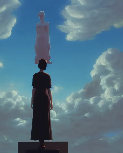 Image similar to a painting of a woman standing in front of a statue, a screenshot by stanley twardowicz, cgsociety, aestheticism, aesthetic, vaporwave, anime aesthetic