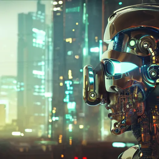 Image similar to a man inside of a robot suit in a cyberpunk city, photorealistic, 8K, coherent like Dall-E 2