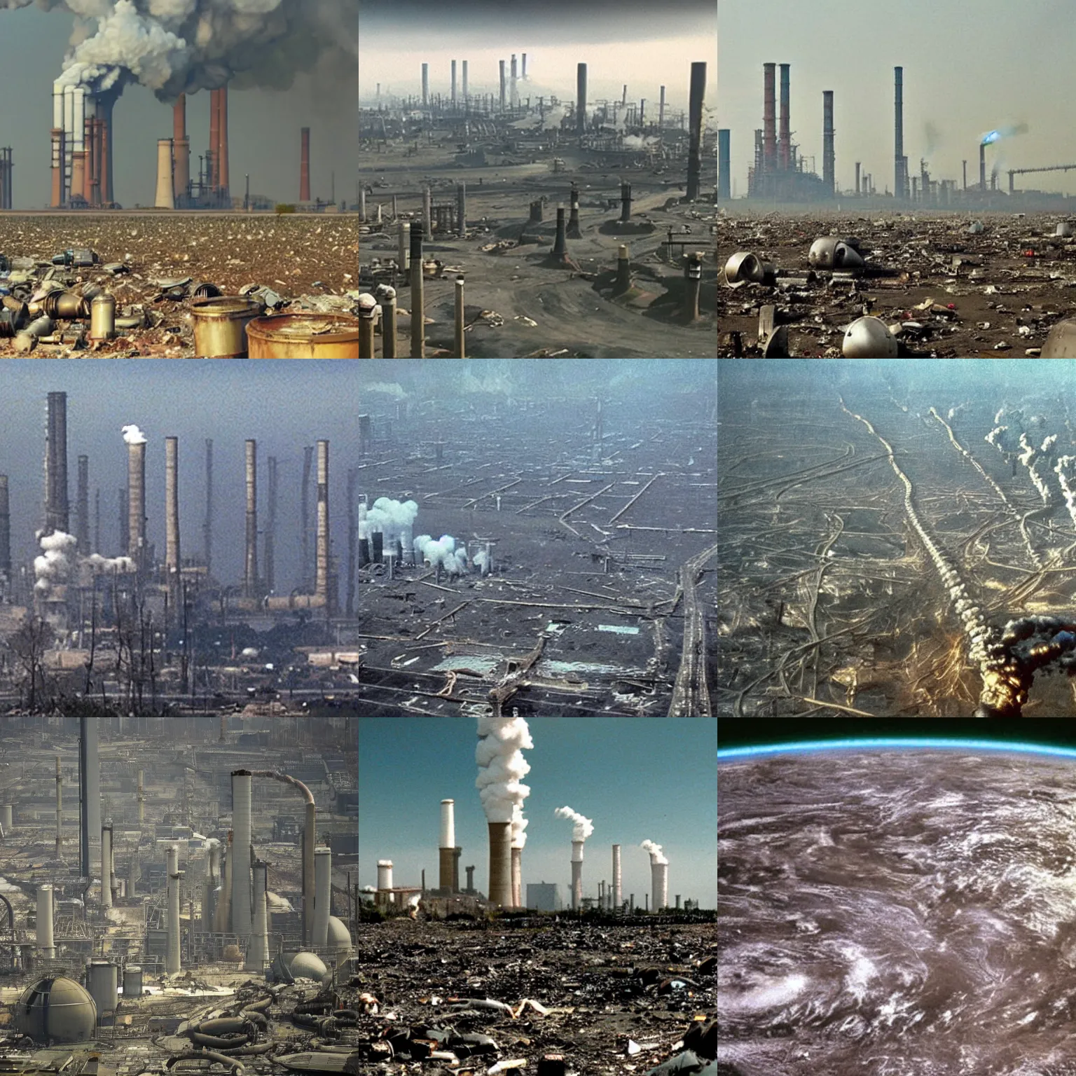 Prompt: earth polluted by large scale industrial pollution covering the entire planet, ruin despair apocalypse, movie still