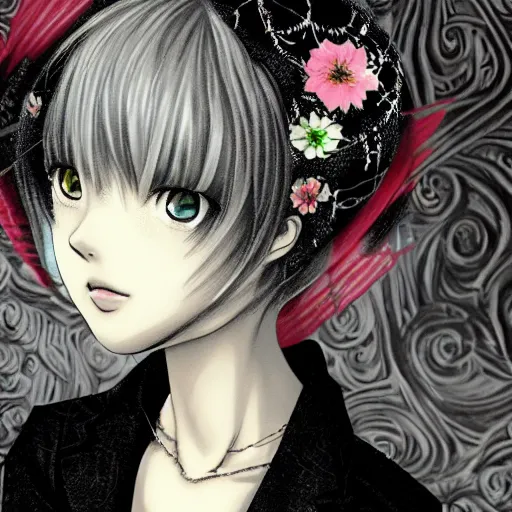 Image similar to realistic illustration of an anime girl with short white hair and black eyes wearing tuxedo in the style of yoshitaka amano, floral black and white patterns on the background, noisy film grain effect, highly detailed, Renaissance oil painting