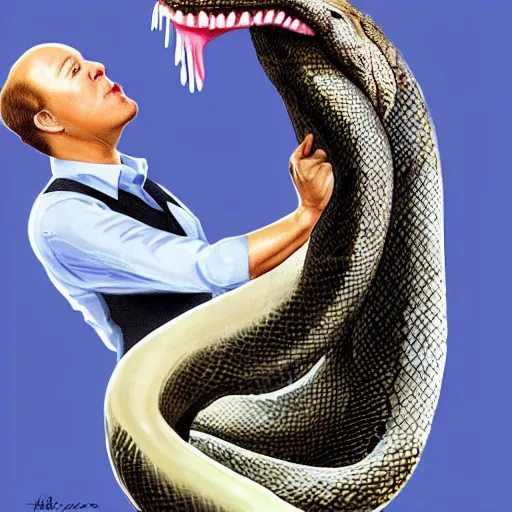 Image similar to alex jones swallowing a large snake, photorealistic,