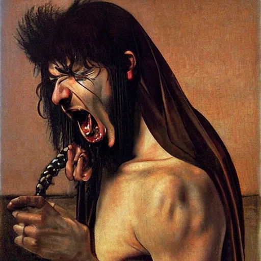Prompt: metalhead singing dramatically, heavy metal, gothic, oil painging by caravaggio and alan lee