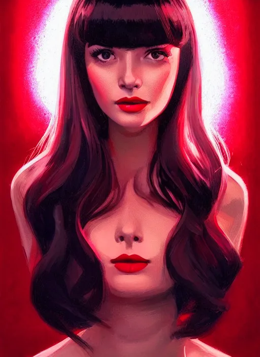 Image similar to portrait of veronica lodge with bangs, 1 9 6 0 s, long hair, red clothes, bangs, intricate, elegant, glowing lights, highly detailed, digital painting, artstation, concept art, smooth, sharp focus, illustration, art by wlop, mars ravelo and greg rutkowski