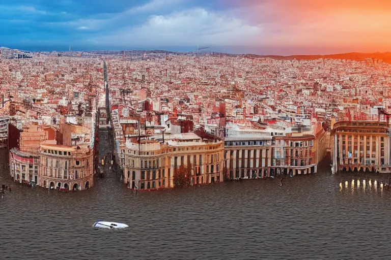 Prompt: touristic ads to visit a catastrophic barcelona, buildings covered with high water, floating cars, sunset lighting, photo real