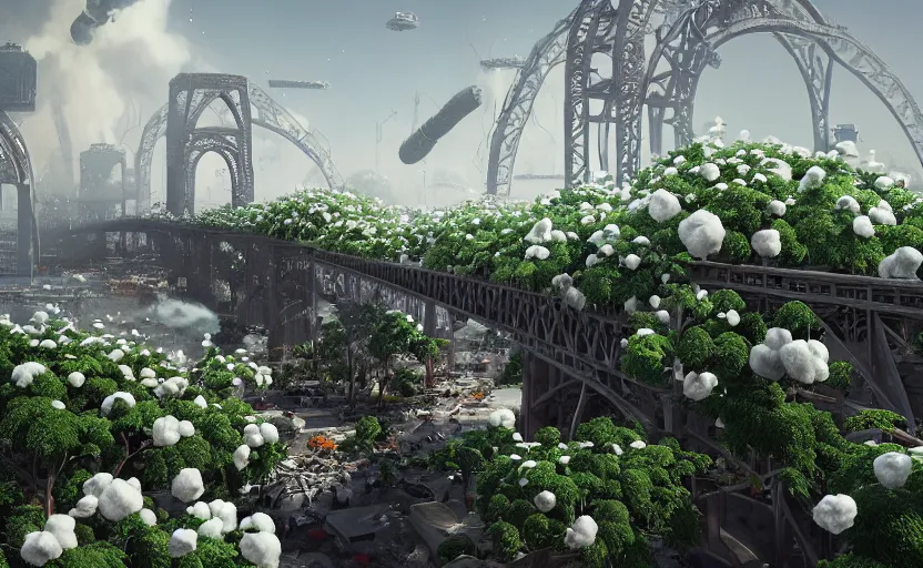 Prompt: explosions in the form of realistic white cotton plants on harbour bridge, huge white cotton plants everywhere on the destroyed harbour bridge, smooth, sharp focus, highly detailed, 3 d octane render, epic lighting, crazy atmosphere, lots of cotton plants, 8 k, by goro fujita